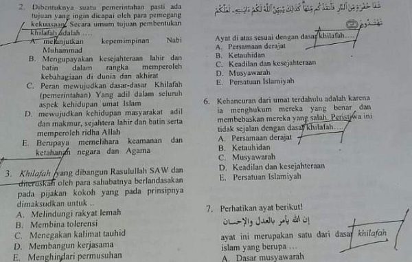Soal ujian Penilaian Akhir Semester (PAS) Madrasah Aliyah (MA) di Kediri yang bermuatan khilafah