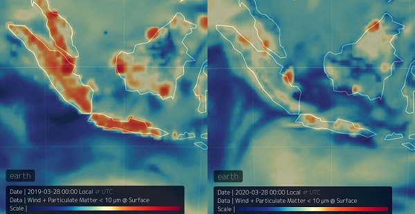 Kualitas udara di Indonesia gara-gara Corona Perubahan kualitas udara di atas wilayah Indonesia Barat pada Bulan Maret 2019 dan Maret 2020 (Sumber: ESA)
