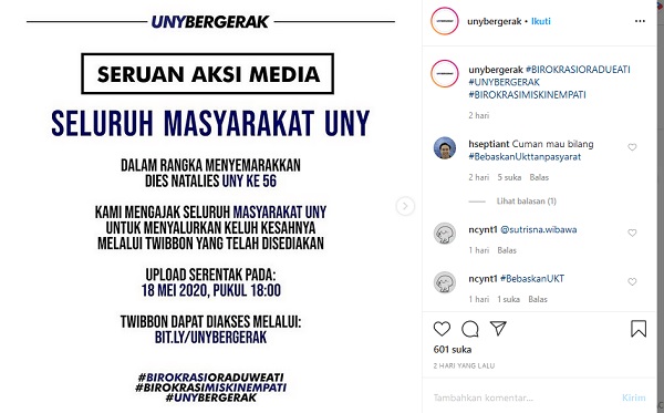 Unggahan Gerakan Aksi Media yang diunggah akun Instagram UNY Bergerak yang berisi tuntutan mahasiswa Universitas Negeri Yogyakarta terkait transparansi Uang Kuliah Tunggal (UKT)