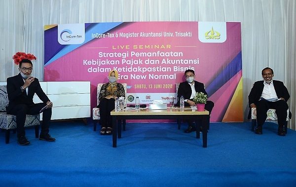 Live seminar “Strategi Pemanfaatan Kebijakan Pajak dan Akuntansi dalam Ketidakpastian Bisnis di Era New Normal” yang diselenggarakan InCore-Tax dan Magister Akuntansi Universitas Trisakti yang didukung oleh Ikatan Akuntan Indonesia (IAI) dan Majalah Top Business pada Sabtu, 13 Juni 2020