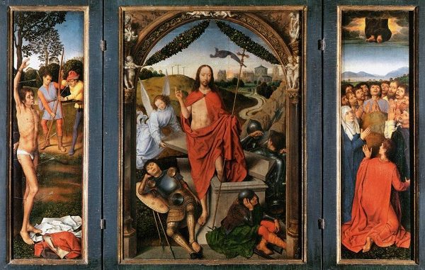 Lukisan Abad Pertengahan berjudul "Triptych of The Resurrection" oleh Hans Memling, seorang pelukis asal Belgia utara, tentang penyaliban Yesus Kristus, kebangkitan, dan kenaikan-Nya ke surga