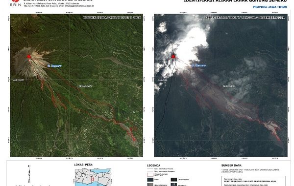 Citra satelit sebelum dan sesudah letusan Gunung Semeru. (Dok.BRIN)