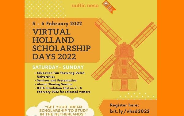 Virtual Holland Scholarship Day (VHSD) 2022 akan dihelat pada akhir pekan ini secara daring pada Sabtu-Minggu, 5-6 Februari 2022