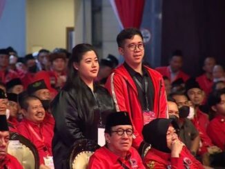 Diah Pikatan Orissa Putri Hapsari dan Praba Diwangkata Caraka Putra Soma di acara peringatan hari ulang tahun (HUT) ke-50 PDIP di JIExpo Kemayoran, Jakarta pada Selasa, 10 Januari 2023