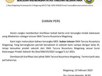 Kepala Humas SMA Taruna Nusantara, Cecep Iskandar menegaskan Mario Dandy Satrio tidak melanjutkan pendidikan dan resmi pindah dari SMA Taruna Nusantara pada 5 Juli 2021.
