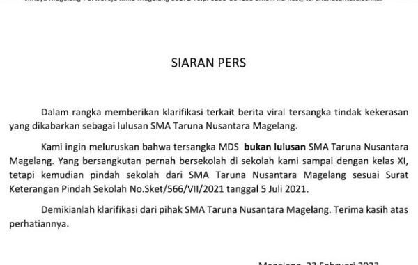 Kepala Humas SMA Taruna Nusantara, Cecep Iskandar menegaskan Mario Dandy Satrio tidak melanjutkan pendidikan dan resmi pindah dari SMA Taruna Nusantara pada 5 Juli 2021.
