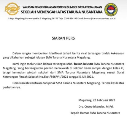 Kepala Humas SMA Taruna Nusantara, Cecep Iskandar menegaskan Mario Dandy Satrio tidak melanjutkan pendidikan dan resmi pindah dari SMA Taruna Nusantara pada 5 Juli 2021.