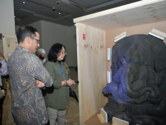 Mendikbudristek Nadiem Anwar Makarim menyambut kepulangan empat arca bersejarah dari Kerajaan Singasari dari Belanda ke Indonesia di Museum Nasional Indonesia pada Selasa, 22 Agustus 2023