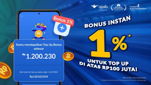 Program terbaru Ajaib Sekuritas yaitu Top Up Bonus Instan 1% dengan melakukan top up RDN di atas Rp100 juta