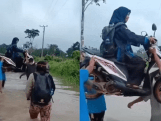 Seorang guru SD di Banyuasin digotong bersama motornya untuk melewati genangan air (Dok: Instagram)