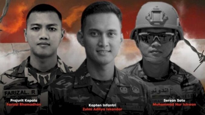 Tiga prajurit TNI yang guur di Lebanon: Mayor Inf Anumerta Zulmi Aditya Iskandar yang dimakamkan di TMP Cikutra Bandung, Serka Anumerta Muhammad Nur Ichwan yang dimakamkan di TMP Giri Dharmolyo II Magelang, serta Kopda Anumerta Farizal Rhomadhon yang dimakamkan di TMP Giripeni Kulon Progo