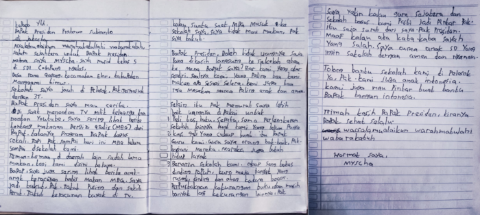 Surat Myscha untuk Presiden Prabowo, siswi kelas 5 di SDI Compang Ngeles, Desa Rana Gapang, Kecamatan Elar, Kabupaten Manggarai Timur 