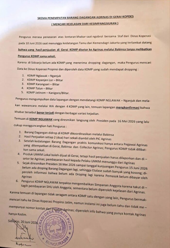 Surat bertajuk “Skema Penempatan Barang Dagangan Agrinas di Gerai Kopdes” yang ditandatangani Ketua Koperasi Desa Merah Putih (KDMP) Bungurasih, Sukamto 