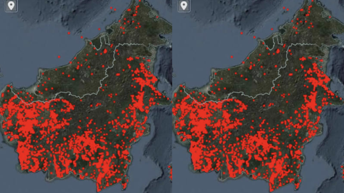 Peta titik api menunjukkan banyaknya lokasi terdeteksi mengalami kebakaran di berbagai wilayah Kalimantan Peta titik api menunjukkan banyaknya lokasi terdeteksi mengalami kebakaran di berbagai wilayah Kalimantan